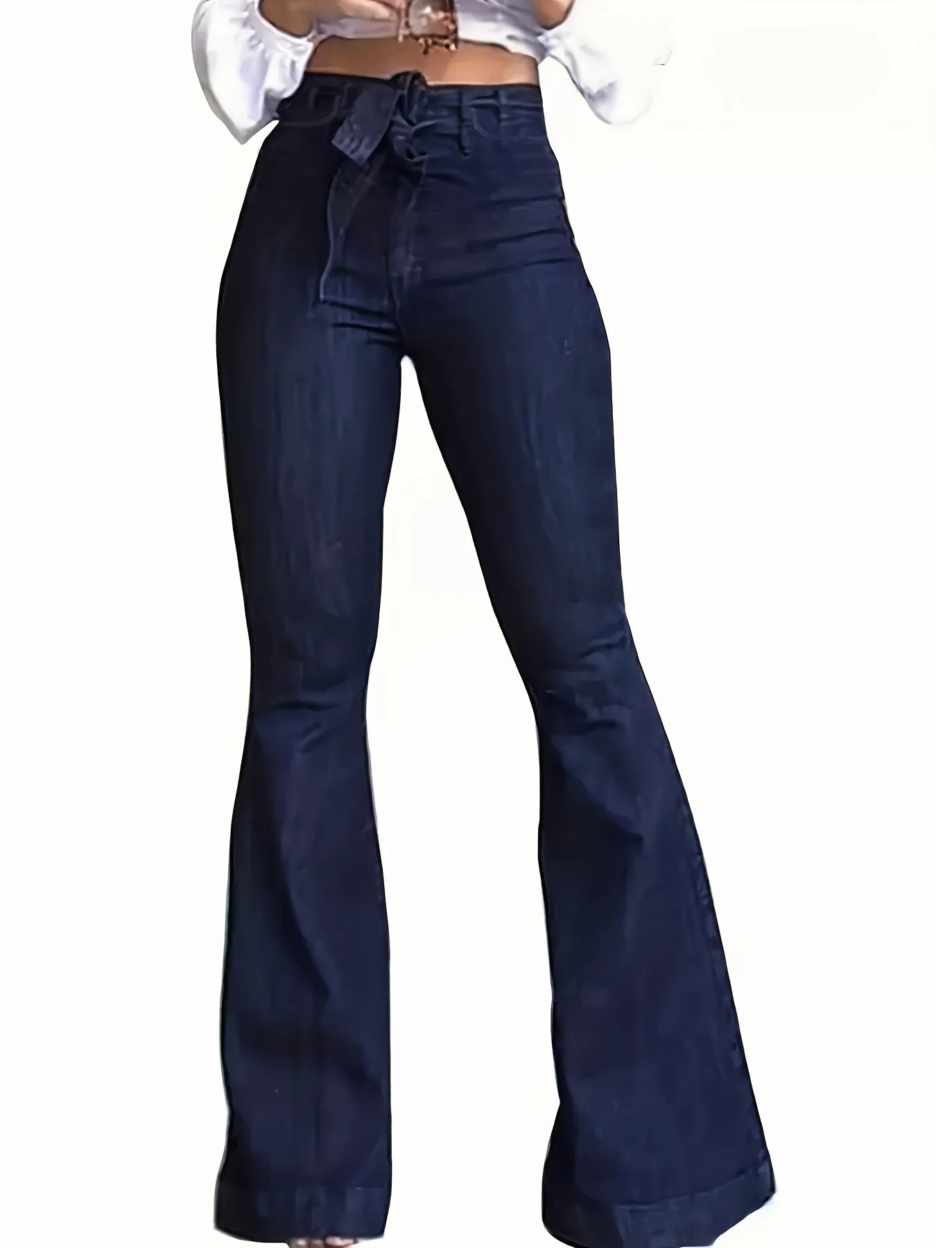 Navy Blue Flared Jeans: Autumn High-Stretch with Waistband, Bell Bottom Wide Leg Denim Pants, Women's Denim Jeans & Clothing