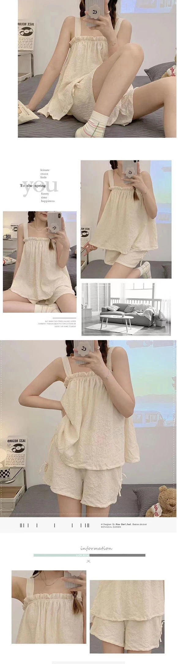 Pajama Sets Women Sleeveless Bow Summer Cool Sweet Sleepwear Princess Soft Comfortable Loungewear Tender Girlish Cozy Homewear