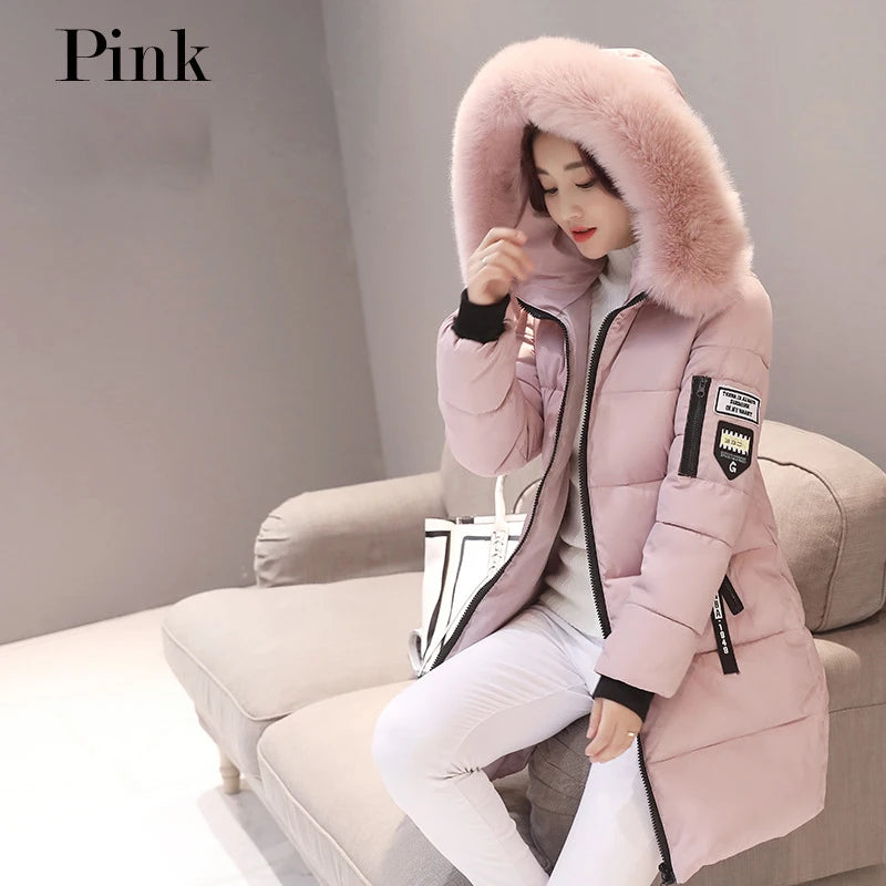 Women Winter Fur Collar Hooded Parka Fashion Letter Patch Zipper Pockets Design Long Jacket Elegant Slim Warm Thick Female Coats