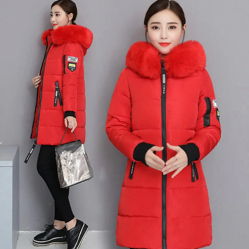 Women Winter Fur Collar Hooded Parka Fashion Letter Patch Zipper Pockets Design Long Jacket Elegant Slim Warm Thick Female Coats