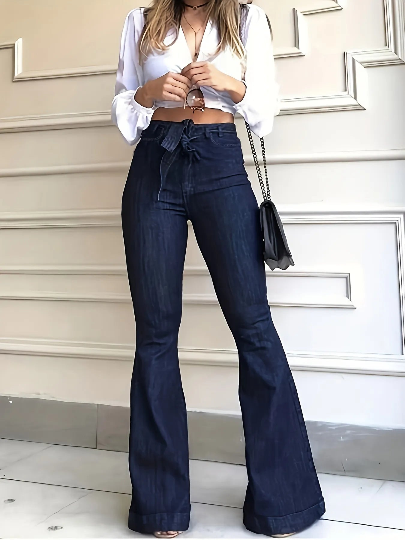 Navy Blue Flared Jeans: Autumn High-Stretch with Waistband, Bell Bottom Wide Leg Denim Pants, Women's Denim Jeans & Clothing