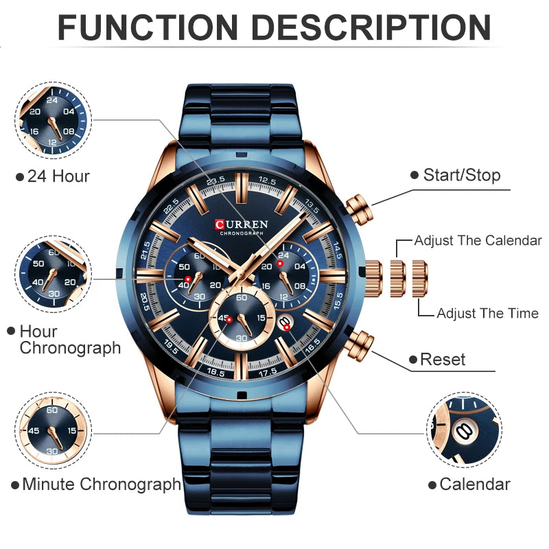 Top brand luxury sports quartz men's watch with full steel construction. Waterproof with chronograph features