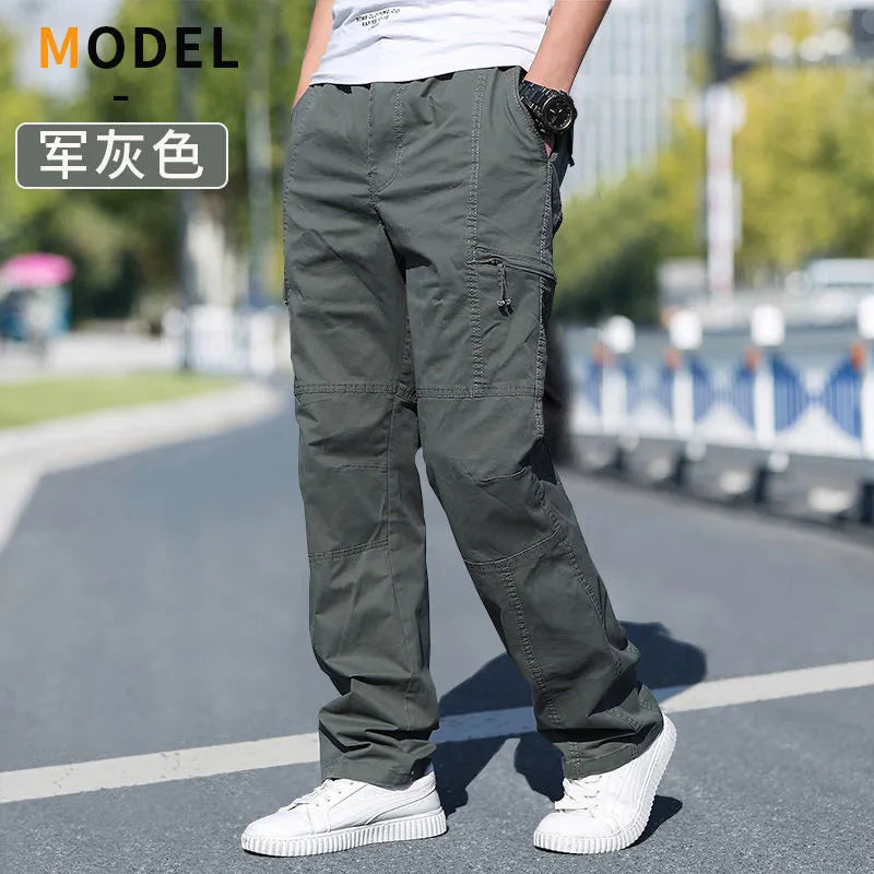 Men's Loose Straight Cargo Pants in Solid Grey, Ideal for Work or Casual Wear. Black Joggers with Versatile Styling