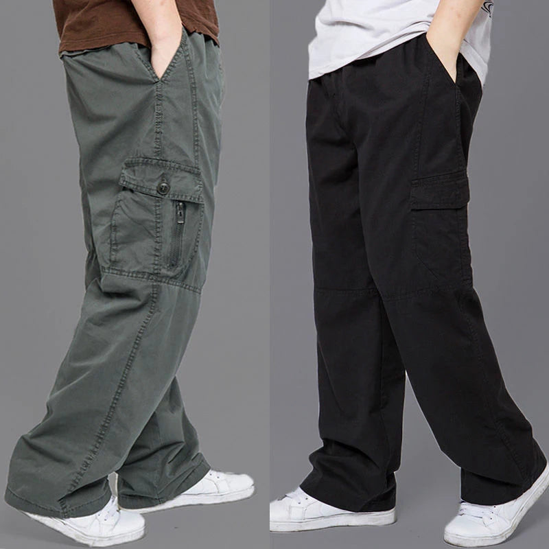 Men's Loose Straight Cargo Pants in Solid Grey, Ideal for Work or Casual Wear. Black Joggers with Versatile Styling