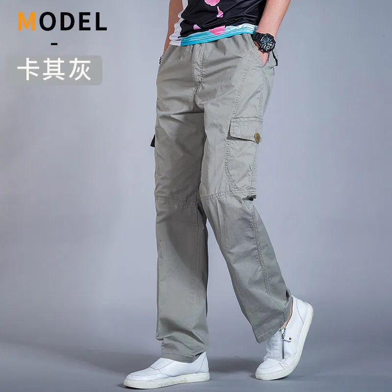 Men's Loose Straight Cargo Pants in Solid Grey, Ideal for Work or Casual Wear. Black Joggers with Versatile Styling