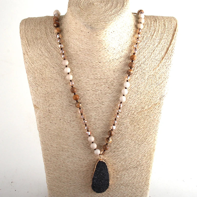 Boho-style necklace with natural stones, crystals, and a druzy drop pendant - a stylish gift for women