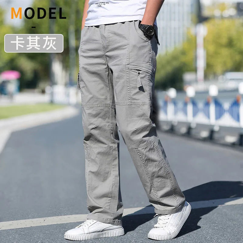 Men's Loose Straight Cargo Pants in Solid Grey, Ideal for Work or Casual Wear. Black Joggers with Versatile Styling