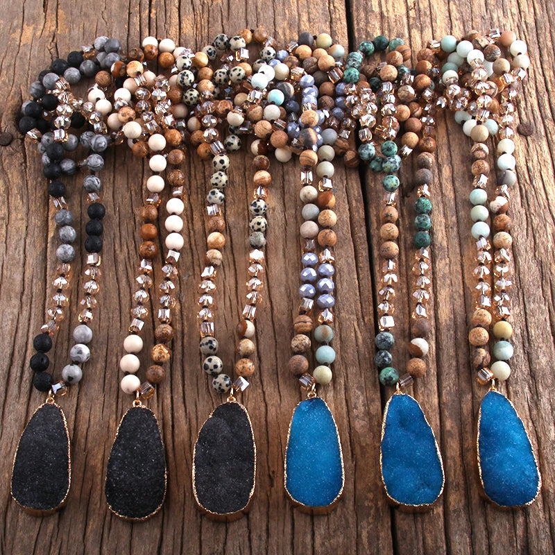 Boho-style necklace with natural stones, crystals, and a druzy drop pendant - a stylish gift for women