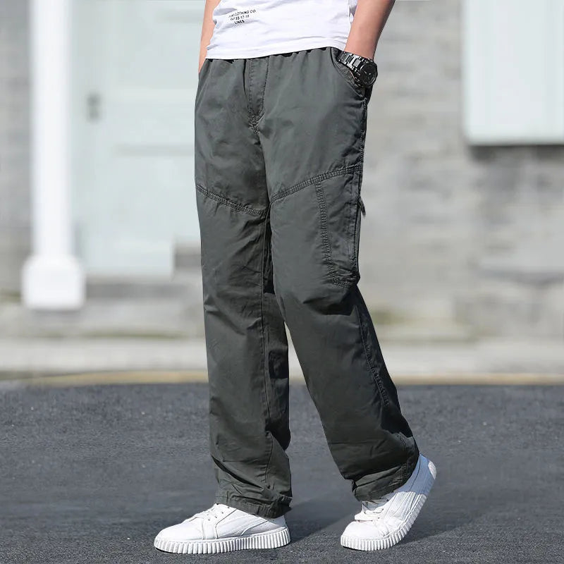 Men's Loose Straight Cargo Pants in Solid Grey, Ideal for Work or Casual Wear. Black Joggers with Versatile Styling