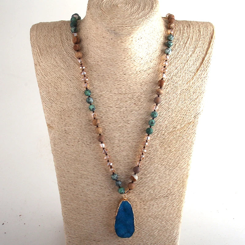 Boho-style necklace with natural stones, crystals, and a druzy drop pendant - a stylish gift for women