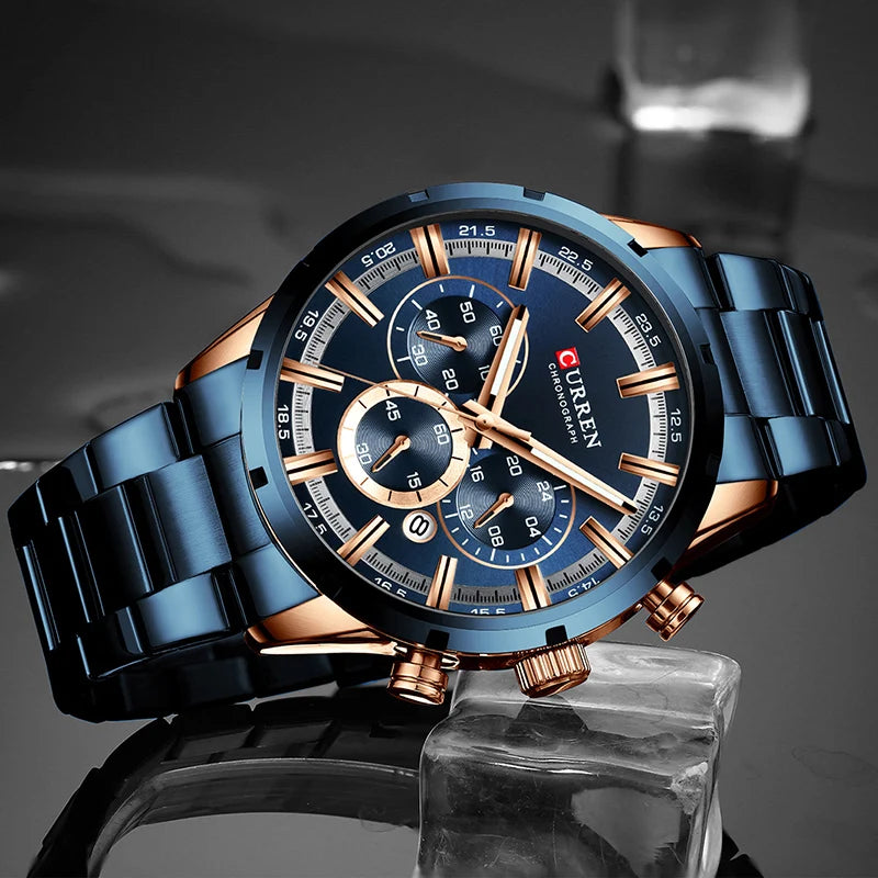 Top brand luxury sports quartz men's watch with full steel construction. Waterproof with chronograph features