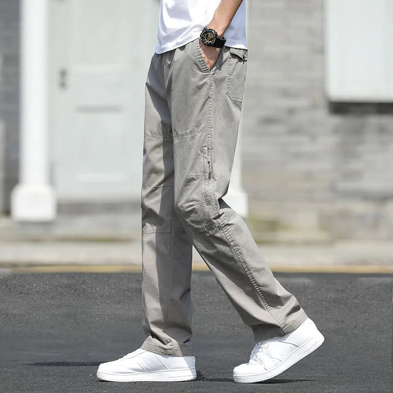 Men's Loose Straight Cargo Pants in Solid Grey, Ideal for Work or Casual Wear. Black Joggers with Versatile Styling