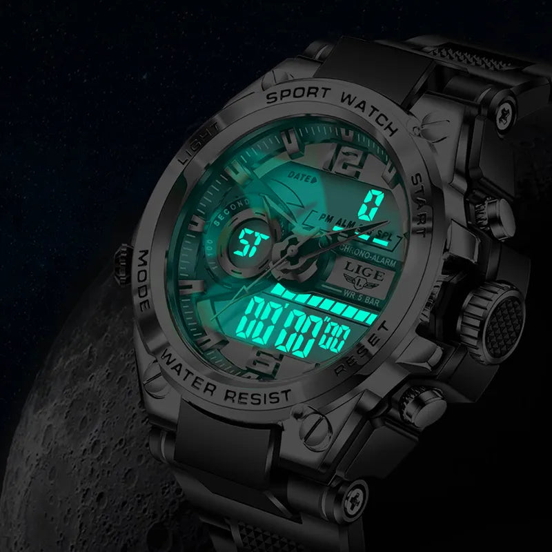 LIGE Digital Men's Military Watch: 50m Waterproof LED Quartz Sport Wristwatch