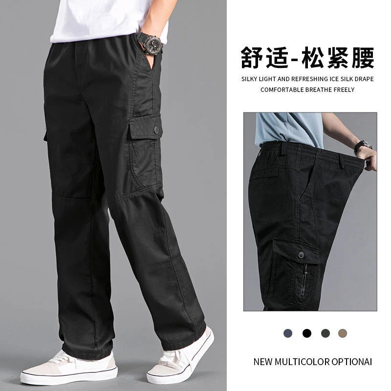 Men's Loose Straight Cargo Pants in Solid Grey, Ideal for Work or Casual Wear. Black Joggers with Versatile Styling