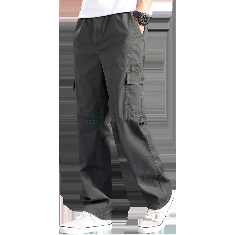 Men's Loose Straight Cargo Pants in Solid Grey, Ideal for Work or Casual Wear. Black Joggers with Versatile Styling