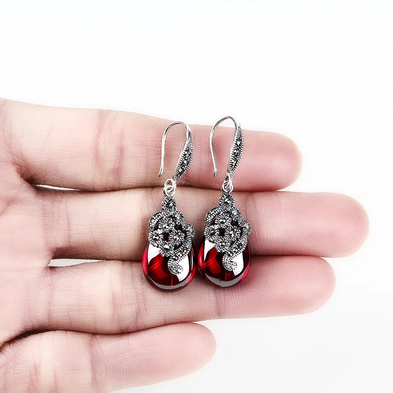 Stylish silver earrings with vintage opal waterdrop and red/green crystals for women and girls