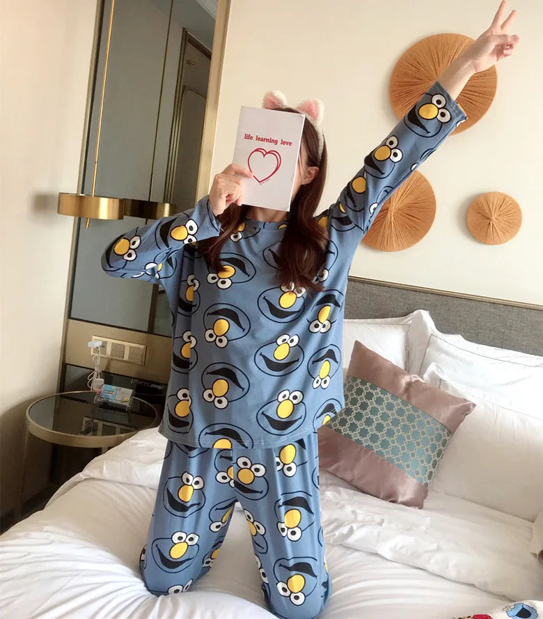 Spring Thin 2pieces Pyjamas Set Women Tops 2024 Cotton Round Neck Girls Pajamas Sets Teacup Cat Sleepwear Clothes Pijamas Mujer