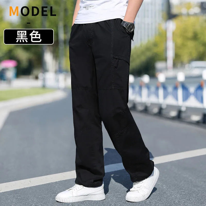 Men's Loose Straight Cargo Pants in Solid Grey, Ideal for Work or Casual Wear. Black Joggers with Versatile Styling