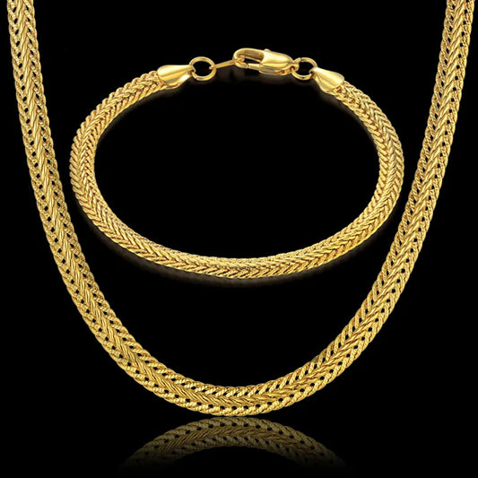 Men's and Women's Jewelry Set: Gold and Silver Color Bracelet and Necklace Set with Curb Cuban Weaving Snake Chain. Wholesale Jewelry for 2023