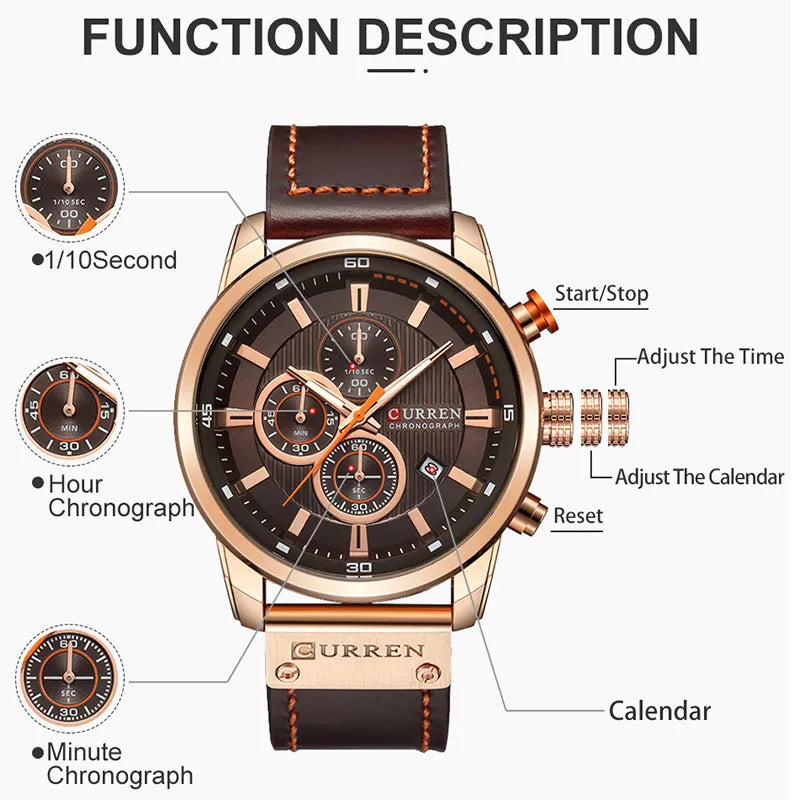 CURREN Men's Leather Sports Watch: Army Military Quartz Chronograph Wristwatch for Men