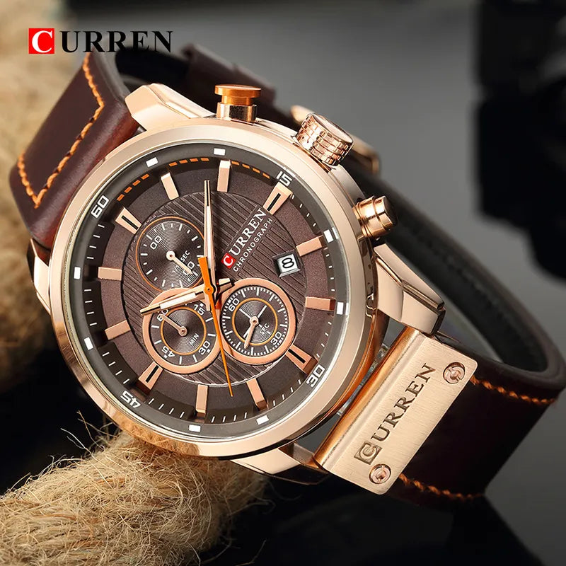 CURREN Men's Leather Sports Watch: Army Military Quartz Chronograph Wristwatch for Men