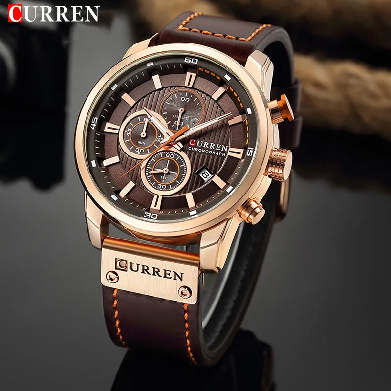 CURREN Men's Leather Sports Watch: Army Military Quartz Chronograph Wristwatch for Men