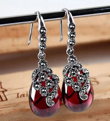 Stylish silver earrings with vintage opal waterdrop and red/green crystals for women and girls