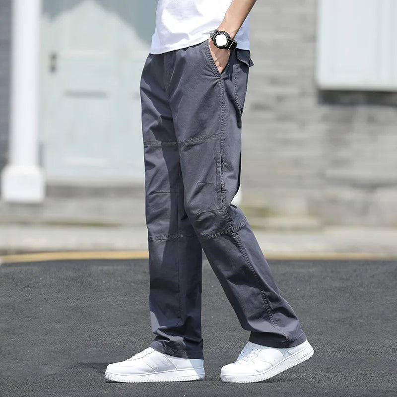 Men's Loose Straight Cargo Pants in Solid Grey, Ideal for Work or Casual Wear. Black Joggers with Versatile Styling