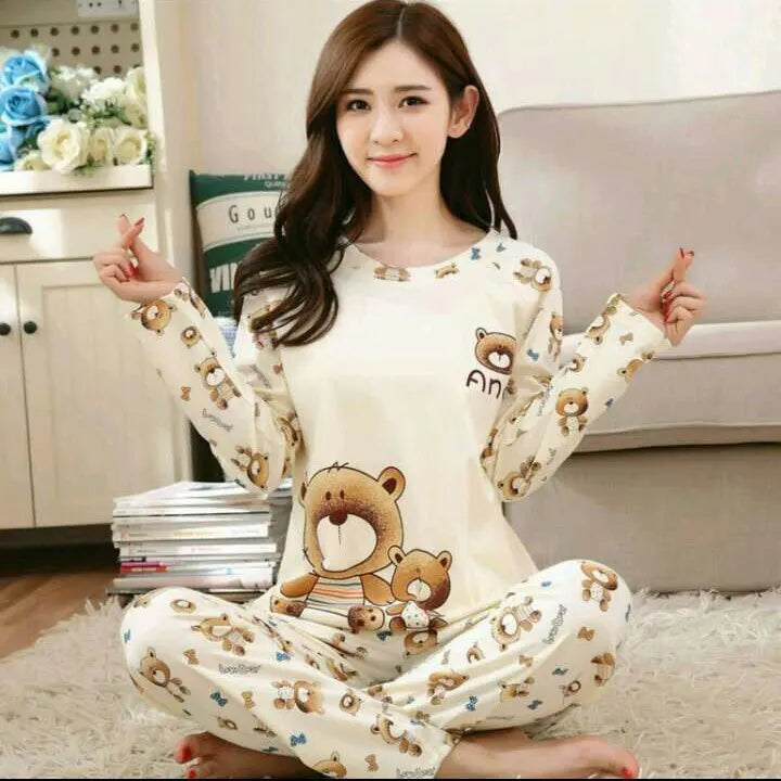 Spring Thin 2pieces Pyjamas Set Women Tops 2024 Cotton Round Neck Girls Pajamas Sets Teacup Cat Sleepwear Clothes Pijamas Mujer