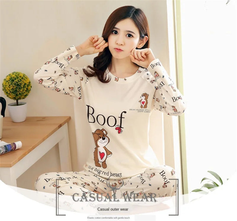 Spring Thin 2pieces Pyjamas Set Women Tops 2024 Cotton Round Neck Girls Pajamas Sets Teacup Cat Sleepwear Clothes Pijamas Mujer