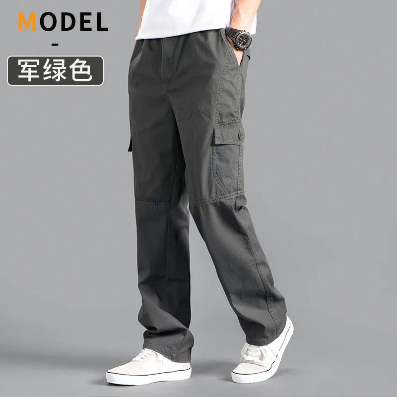 Men's Loose Straight Cargo Pants in Solid Grey, Ideal for Work or Casual Wear. Black Joggers with Versatile Styling