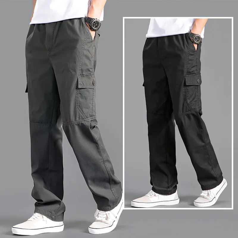 Men's Loose Straight Cargo Pants in Solid Grey, Ideal for Work or Casual Wear. Black Joggers with Versatile Styling