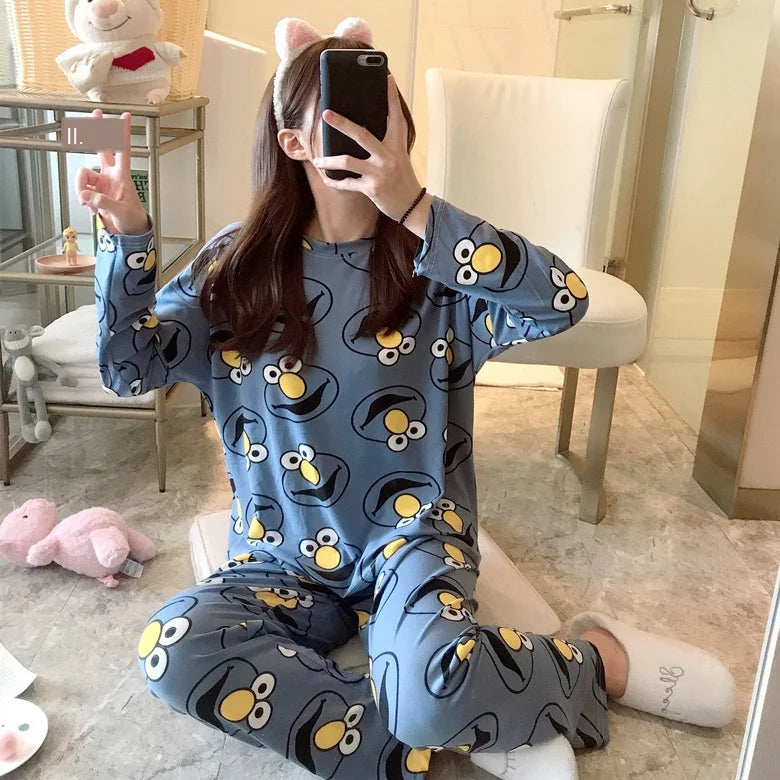 Spring Thin 2pieces Pyjamas Set Women Tops 2024 Cotton Round Neck Girls Pajamas Sets Teacup Cat Sleepwear Clothes Pijamas Mujer