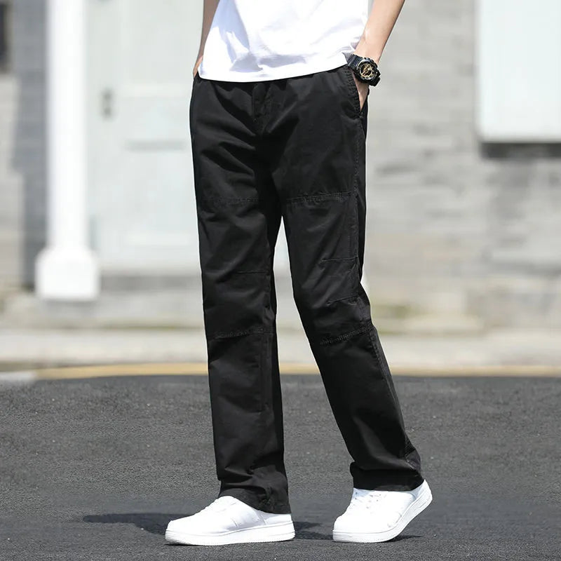 Men's Loose Straight Cargo Pants in Solid Grey, Ideal for Work or Casual Wear. Black Joggers with Versatile Styling