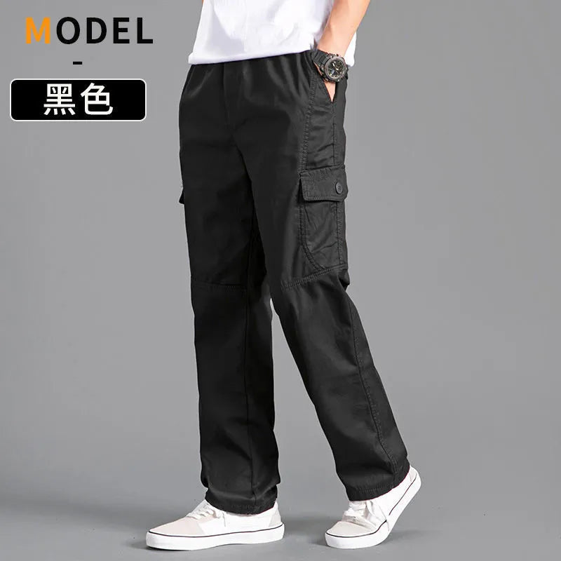 Men's Loose Straight Cargo Pants in Solid Grey, Ideal for Work or Casual Wear. Black Joggers with Versatile Styling