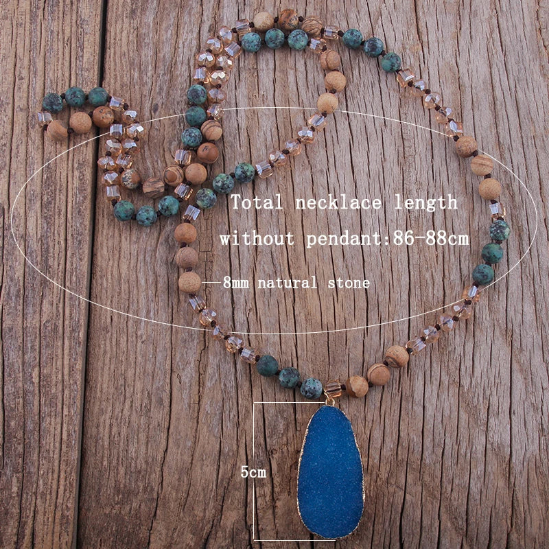 Boho-style necklace with natural stones, crystals, and a druzy drop pendant - a stylish gift for women