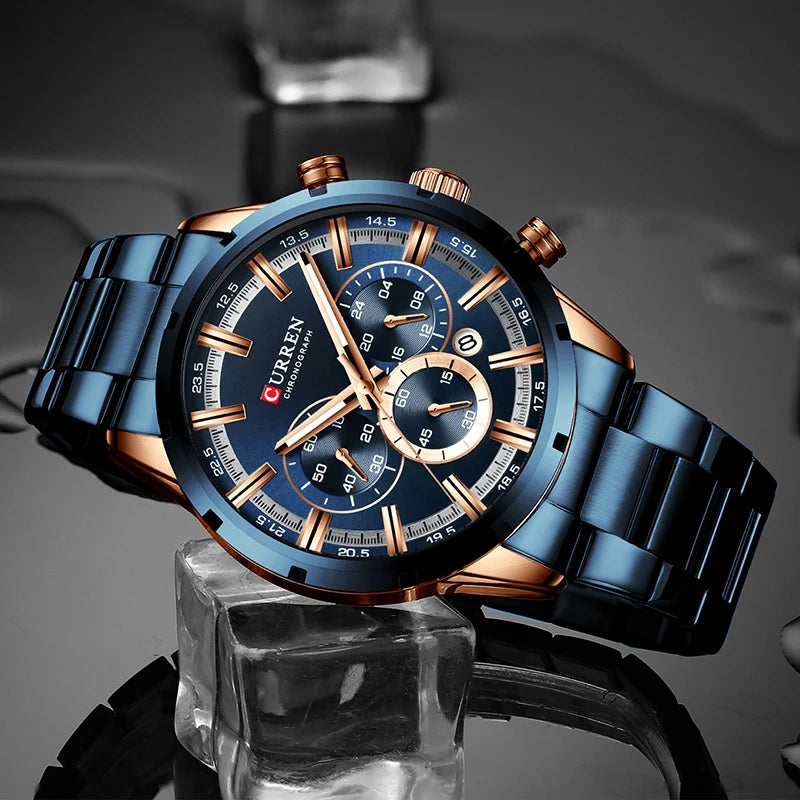 Top brand luxury sports quartz men's watch with full steel construction. Waterproof with chronograph features