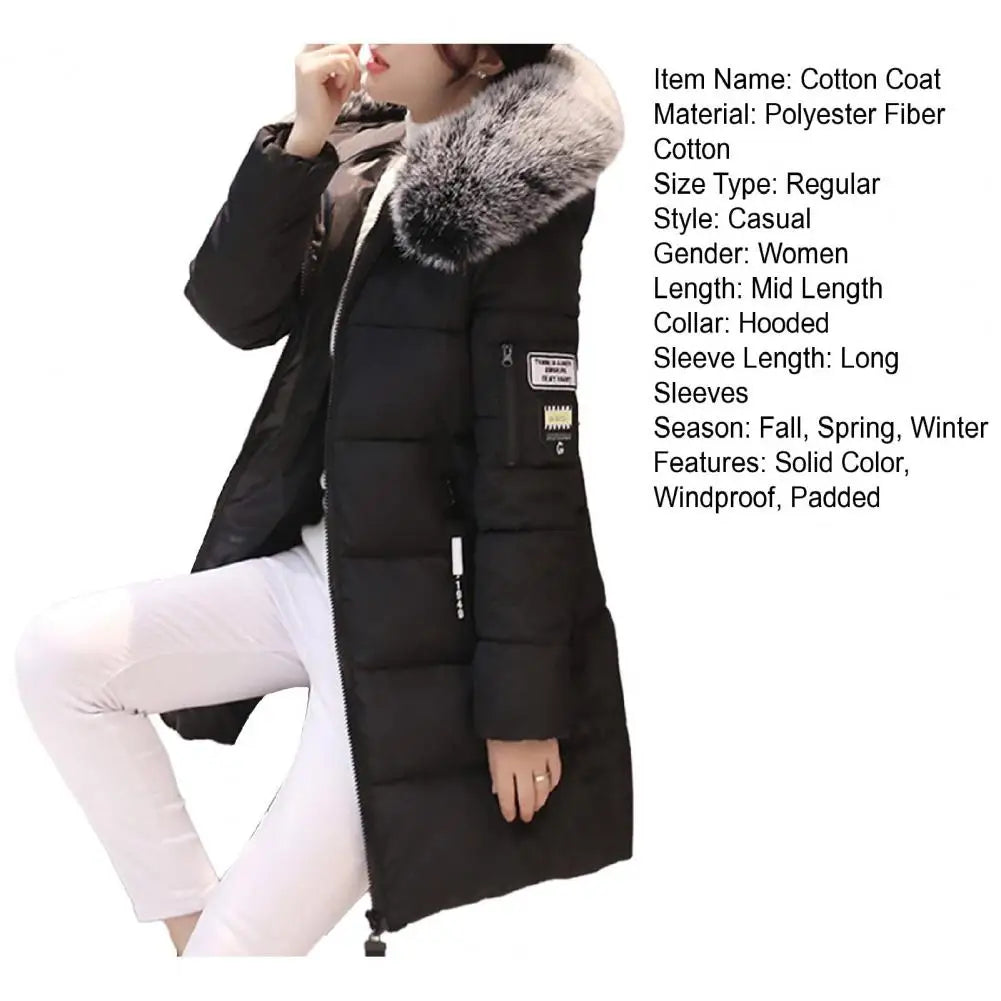 Women Winter Cotton Coat Hooded Mid Length Outerwear Windproof Warm Long Sleeve Jacket Solid Color Slim Fit Lady Down Coat