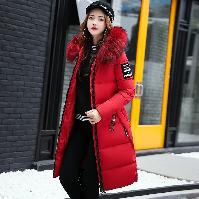 2024 Women's Down Parkas Winter Jacket Big Fur Collar Thick Slim Coat Fashion Hooded Cotton Outerwear Long Autumn Woman Jacket