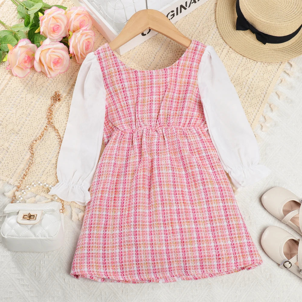 Bear Leader Girls' Dress 2023 Autumn New Girls' Round Neck Plaid Lace Button Long Sleeve Dress Girls' Fashion Patchwork Dress