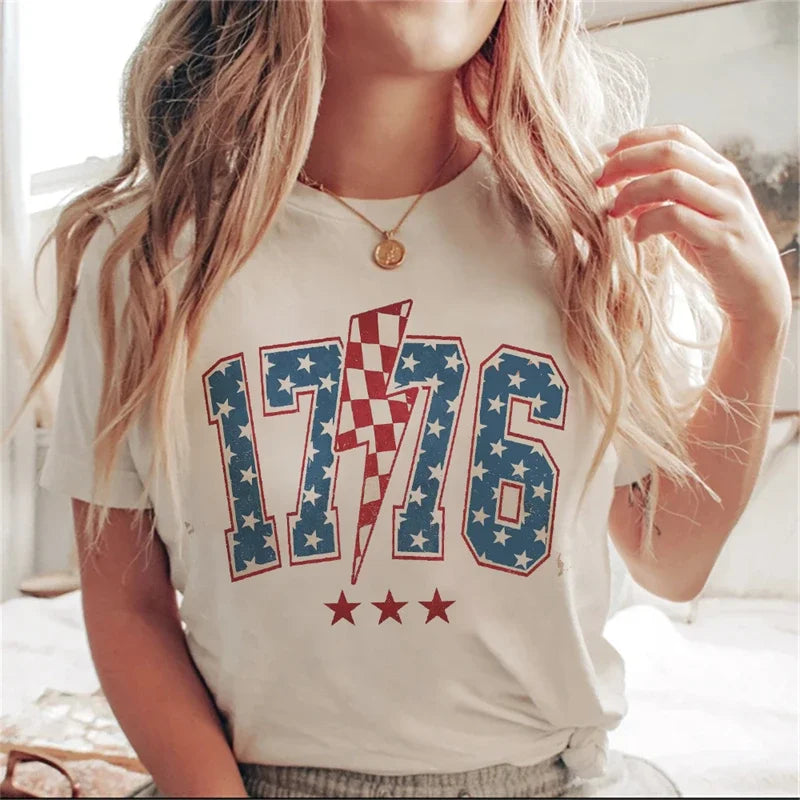 Short Sleeved 1776 America 4th Of July Women's Printed Top T-Shirt Women's 90s Summer O-Neck Fashion T-Shirt Pattern T-Shirt.