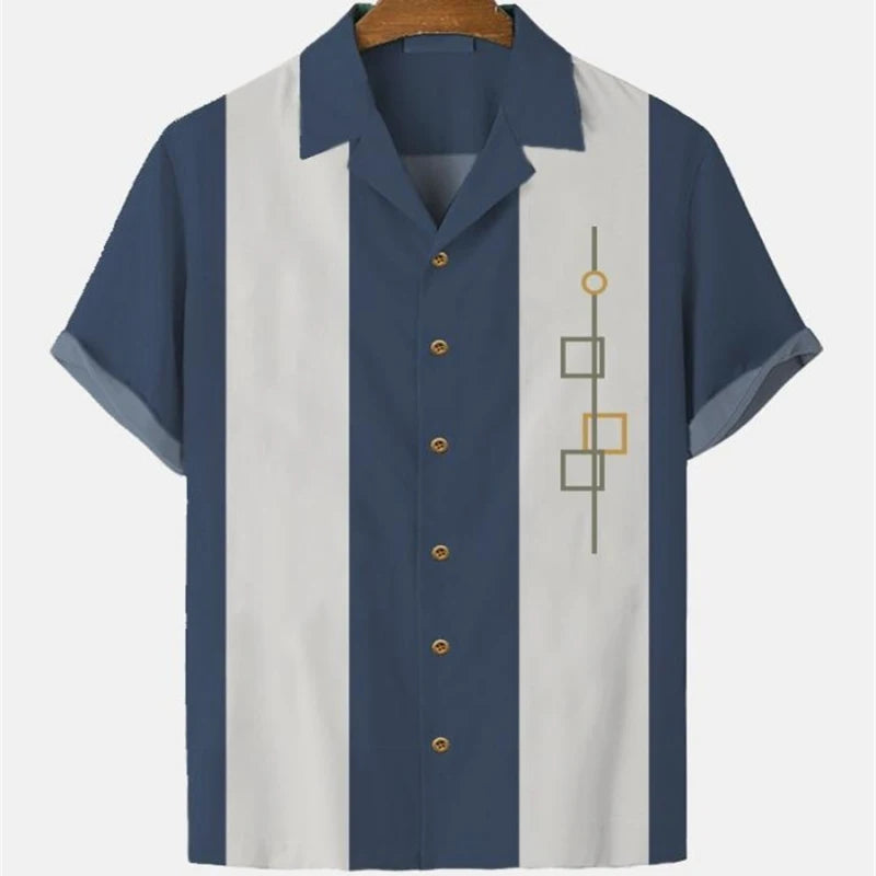 Men's Striped Elegant Blouse with Colorful Print, Ideal for Casual or Social Events. Featuring Short Sleeves and Oversized Fit, Complete with Fashionable Cufflinks