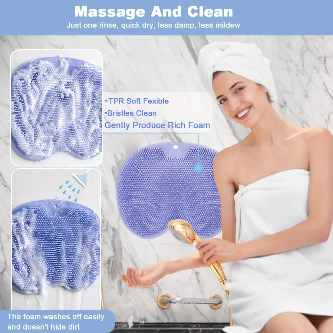 1 Pcs Shower Back & Foot Scrubber,Bathroom Wall Mounted Back Scrubber Silicone Bath Massage Cushion Brush with Suction Cups