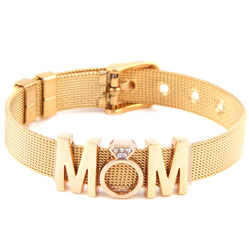 Crystal mom Camera Hollow Love Beads Charm Bracelets DIY Stainless Steel Mesh Belt Bracelet Bangle For Women Men Jewelry Gift