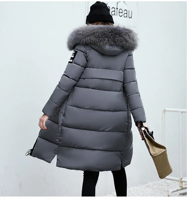 2024 Women's Down Parkas Winter Jacket Big Fur Collar Thick Slim Coat Fashion Hooded Cotton Outerwear Long Autumn Woman Jacket