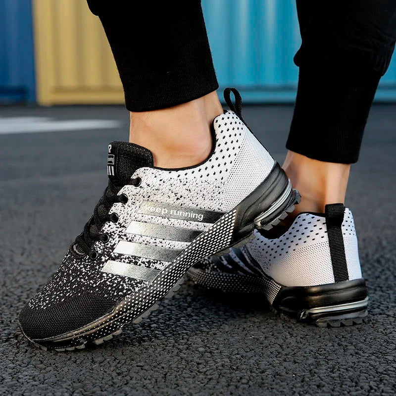 Trendy unisex running shoes with shock absorption, breathable mesh, and available in plus sizes