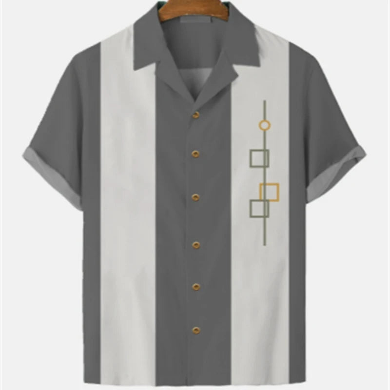 Men's Striped Elegant Blouse with Colorful Print, Ideal for Casual or Social Events. Featuring Short Sleeves and Oversized Fit, Complete with Fashionable Cufflinks