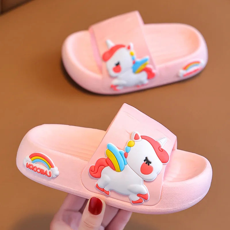 Summer flip flops for kids featuring cartoon unicorn designs, anti-slip thick soles, suitable for children aged 2-8.