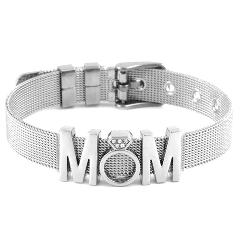 TOGORY Fashion Ladies Stainless Steel Mesh Bracelets Crystal MoM Charms Fine Bracelet Adjustable Bracelet for Mother's Day Gifts