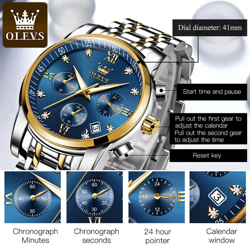 OLEVS Men's Chronograph Quartz Watch: Luxury, Fashionable, Waterproof Stainless Steel Wristwatch